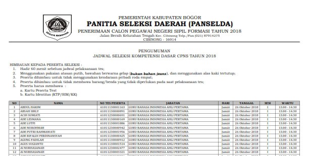 JADWAL SELEKSI KOMPETENSI DASAR (SKD) CPNS PEMKAB. BOGOR FORMASI TAHUN 2018